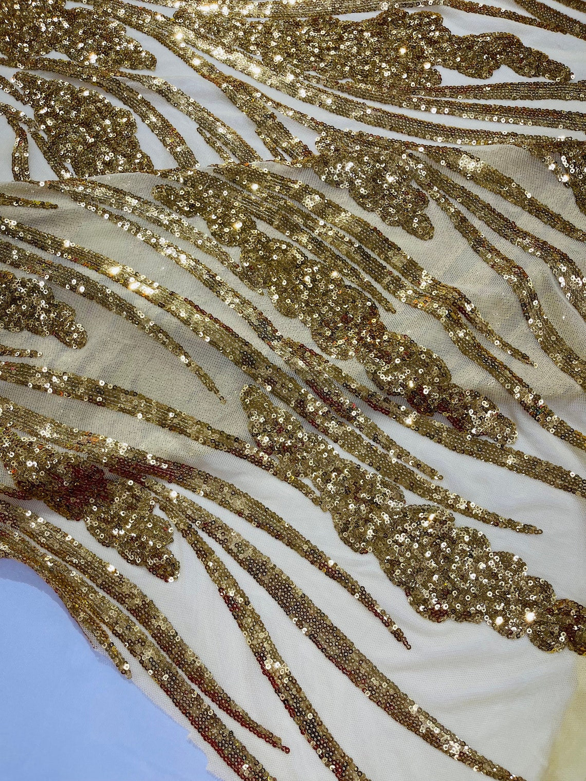 GOLD - Fashion Branch Design with Sequins Embroider on a 4 Way Stretch Mesh Fabric-Sold by The Yard.