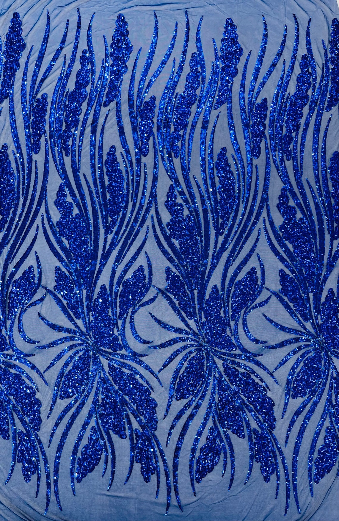 ROYAL BLUE - Fashion Branch Design with Sequins Embroider on a 4 Way Stretch Mesh Fabric-Sold by The Yard.