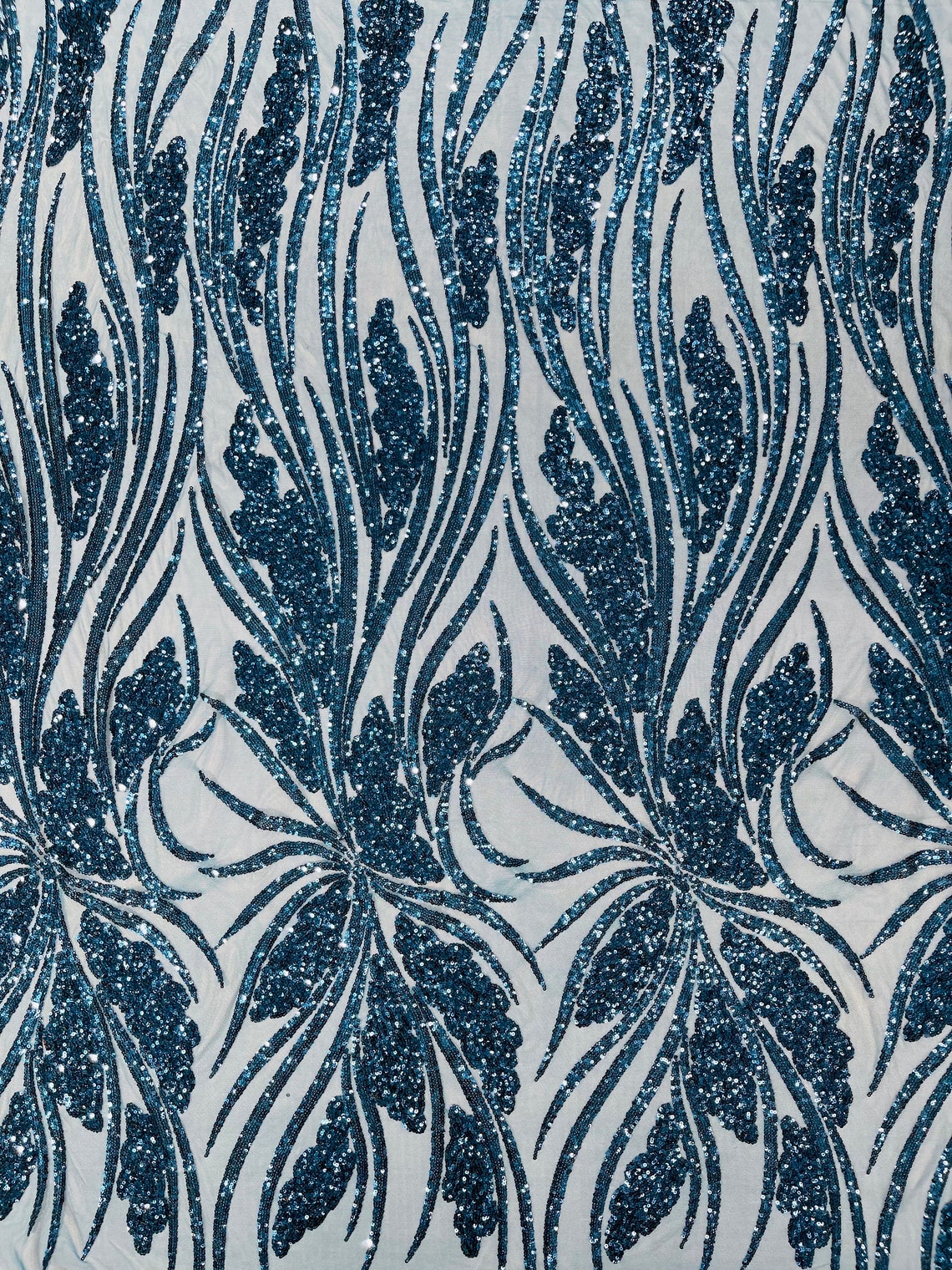 TEAL BLUE - Fashion Branch Design with Sequins Embroider on a 4 Way Stretch Mesh Fabric-Sold by The Yard.