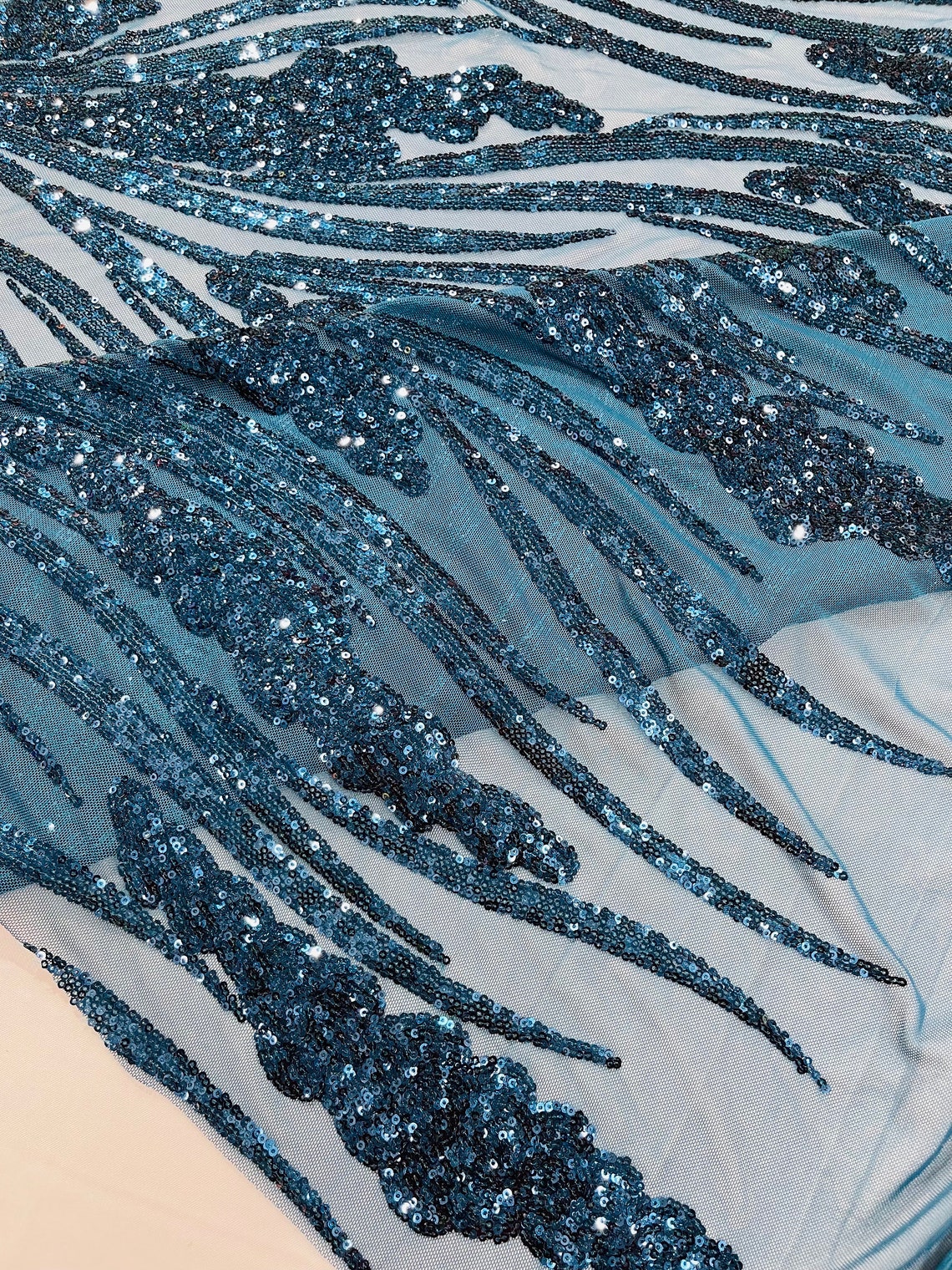 TEAL BLUE - Fashion Branch Design with Sequins Embroider on a 4 Way Stretch Mesh Fabric-Sold by The Yard.