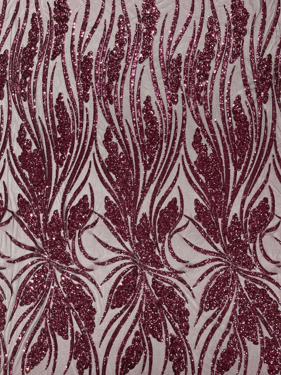 PLUM - Fashion Branch Design with Sequins Embroider on a 4 Way Stretch Mesh Fabric-Sold by The Yard.