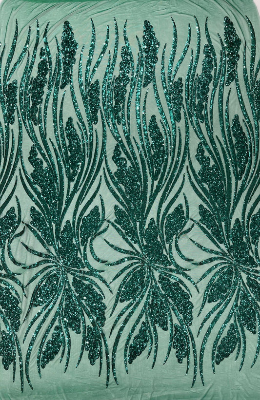 EMERALD GREEN - Fashion Branch Design with Sequins Embroider on a 4 Way Stretch Mesh Fabric-Sold by The Yard.