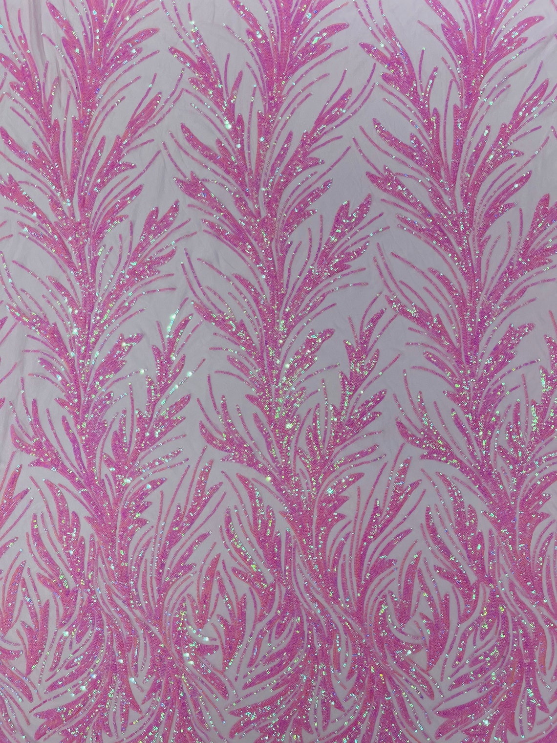 PINK IRIDESCENT - Fashion Branch Design with Sequins Embroider on a 4 Way Stretch Mesh Fabric-Sold by The Yard.