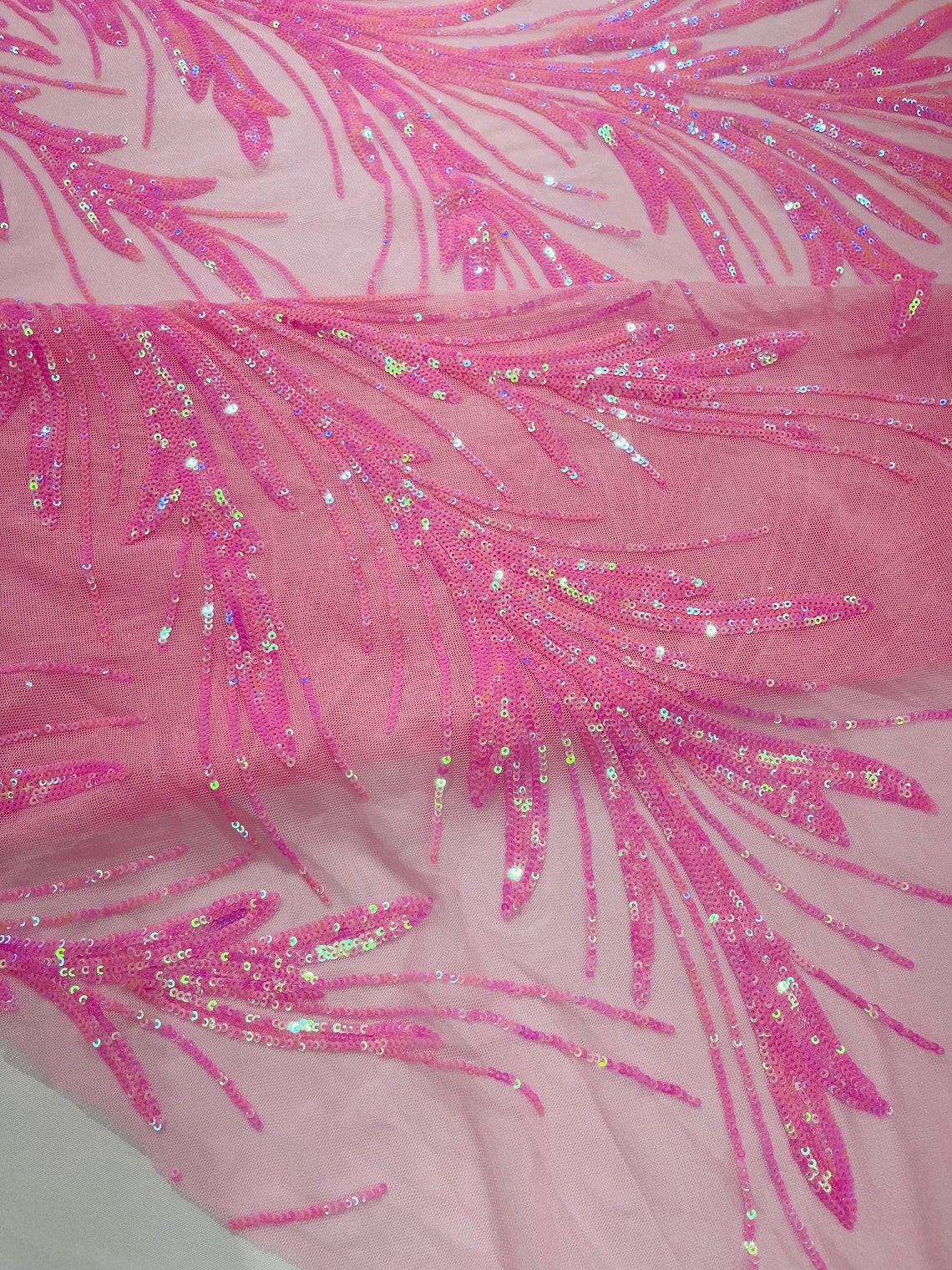 PINK IRIDESCENT - Fashion Branch Design with Sequins Embroider on a 4 Way Stretch Mesh Fabric-Sold by The Yard.