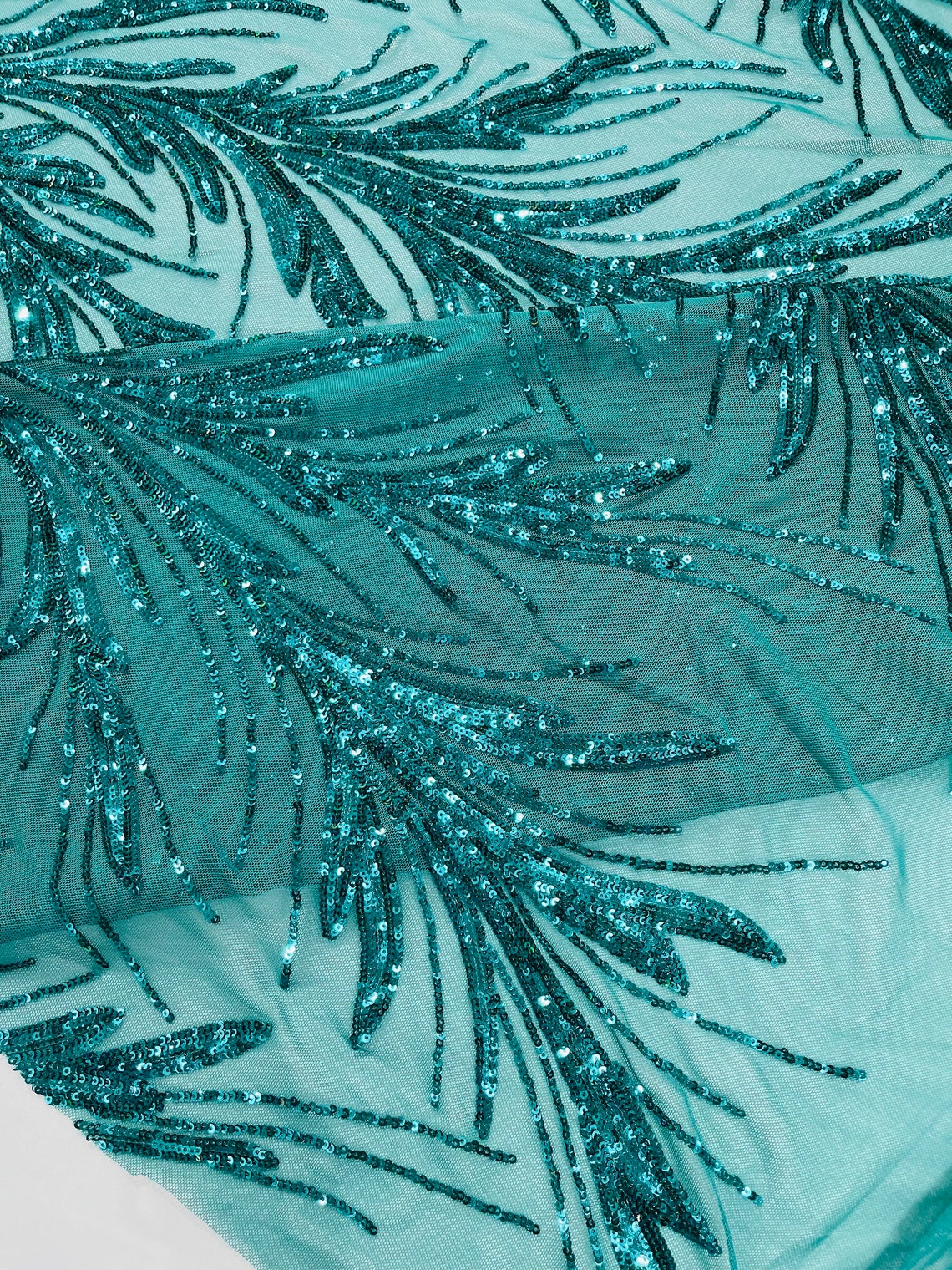 TEAL GREEN - Fashion Branch Design with Sequins Embroider on a 4 Way Stretch Mesh Fabric-Sold by The Yard.