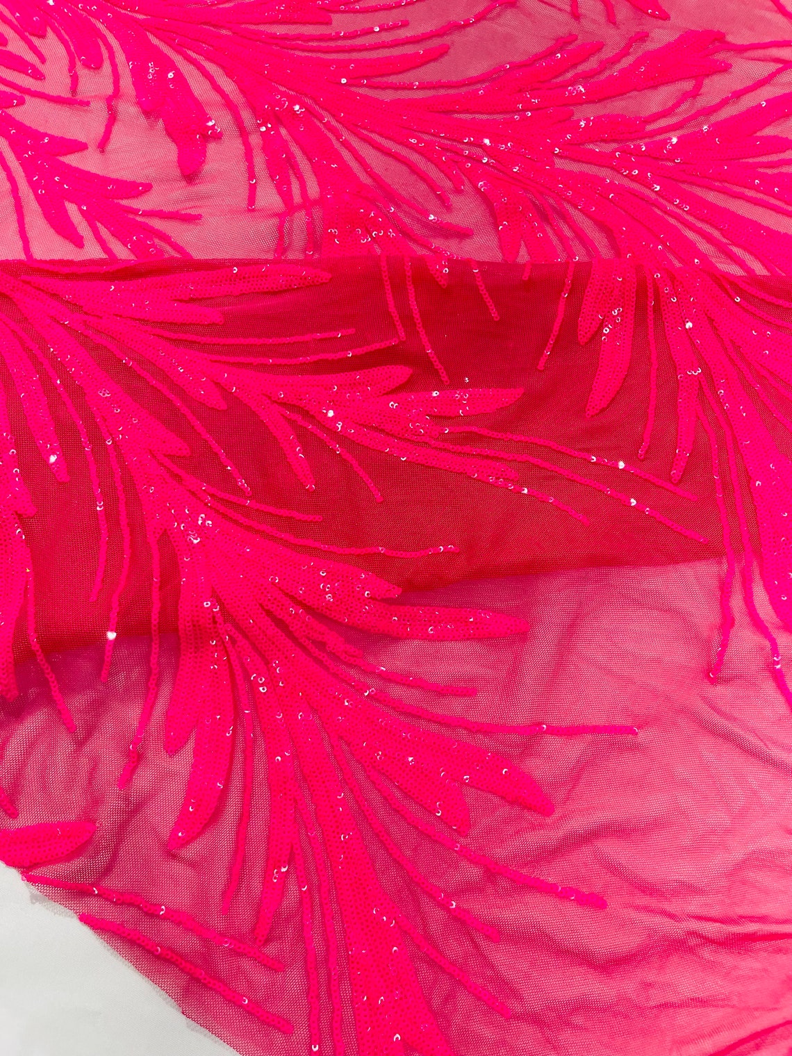 HOT PINK - Fashion Branch Design with Sequins Embroider on a 4 Way Stretch Mesh Fabric-Sold by The Yard.