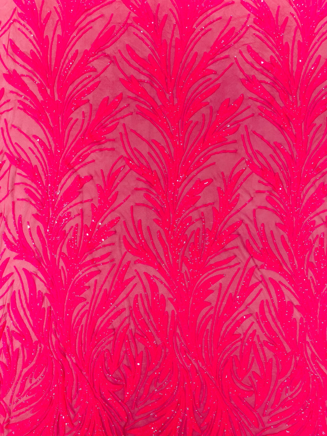 HOT PINK - Fashion Branch Design with Sequins Embroider on a 4 Way Stretch Mesh Fabric-Sold by The Yard.