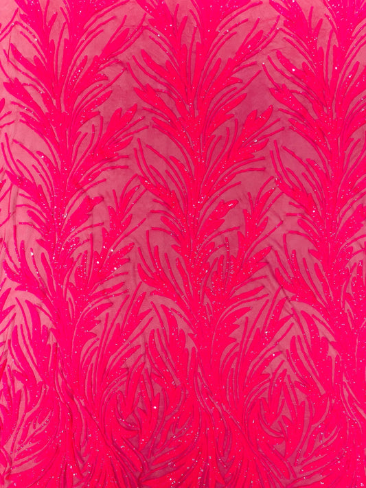 HOT PINK - Fashion Branch Design with Sequins Embroider on a 4 Way Stretch Mesh Fabric-Sold by The Yard.