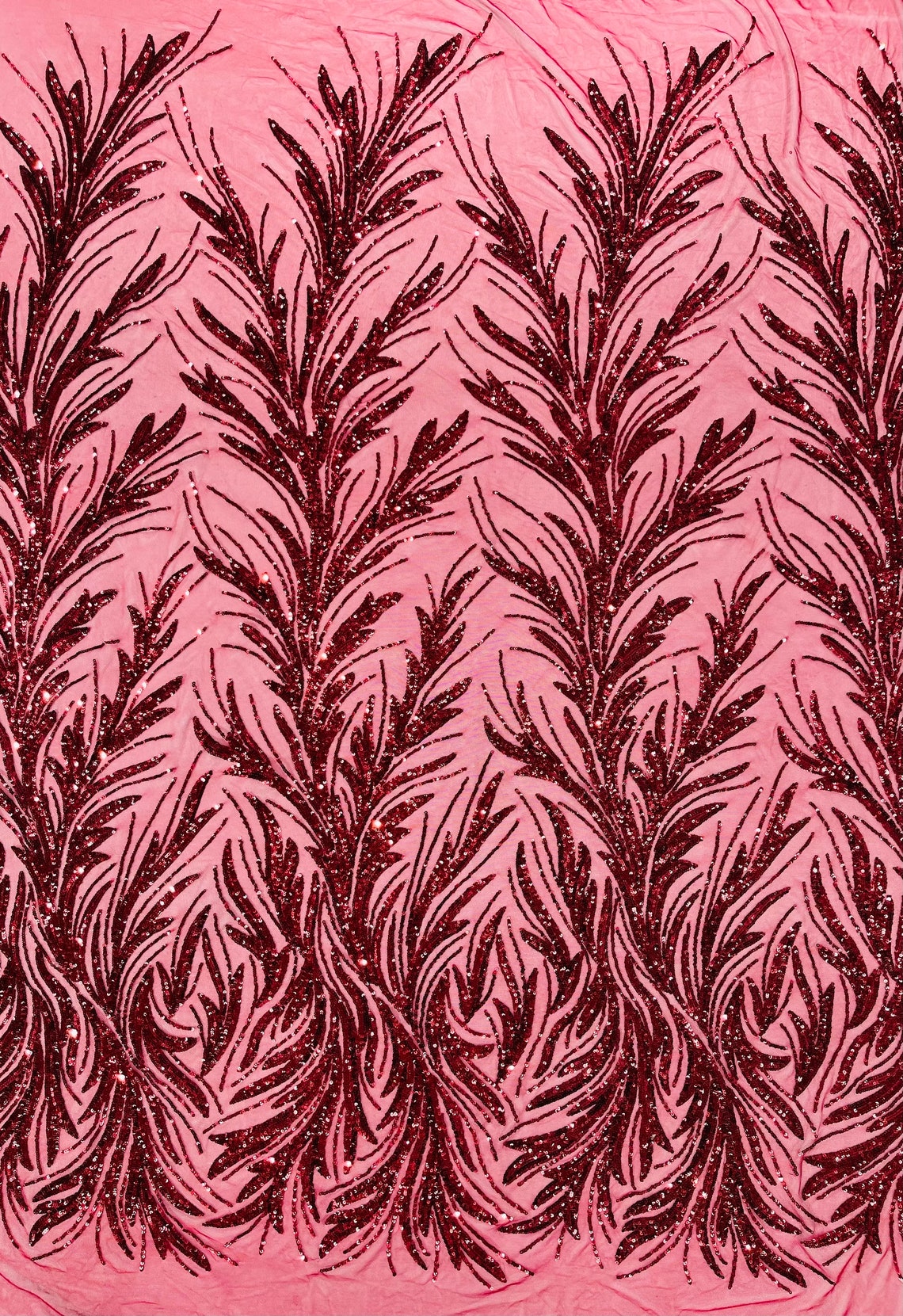 BURGUNDY - Fashion Branch Design with Sequins Embroider on a 4 Way Stretch Mesh Fabric-Sold by The Yard.