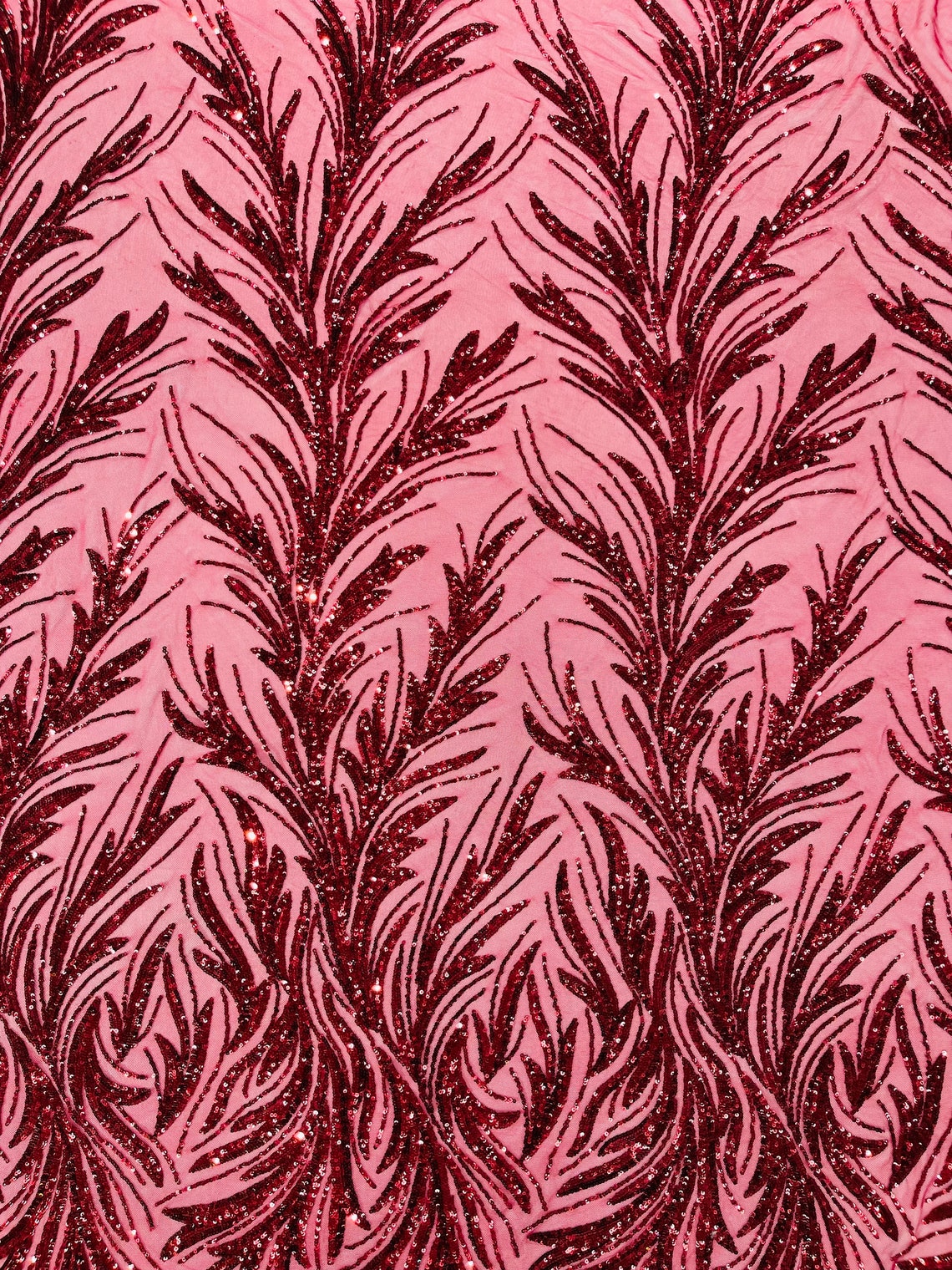 BURGUNDY - Fashion Branch Design with Sequins Embroider on a 4 Way Stretch Mesh Fabric-Sold by The Yard.