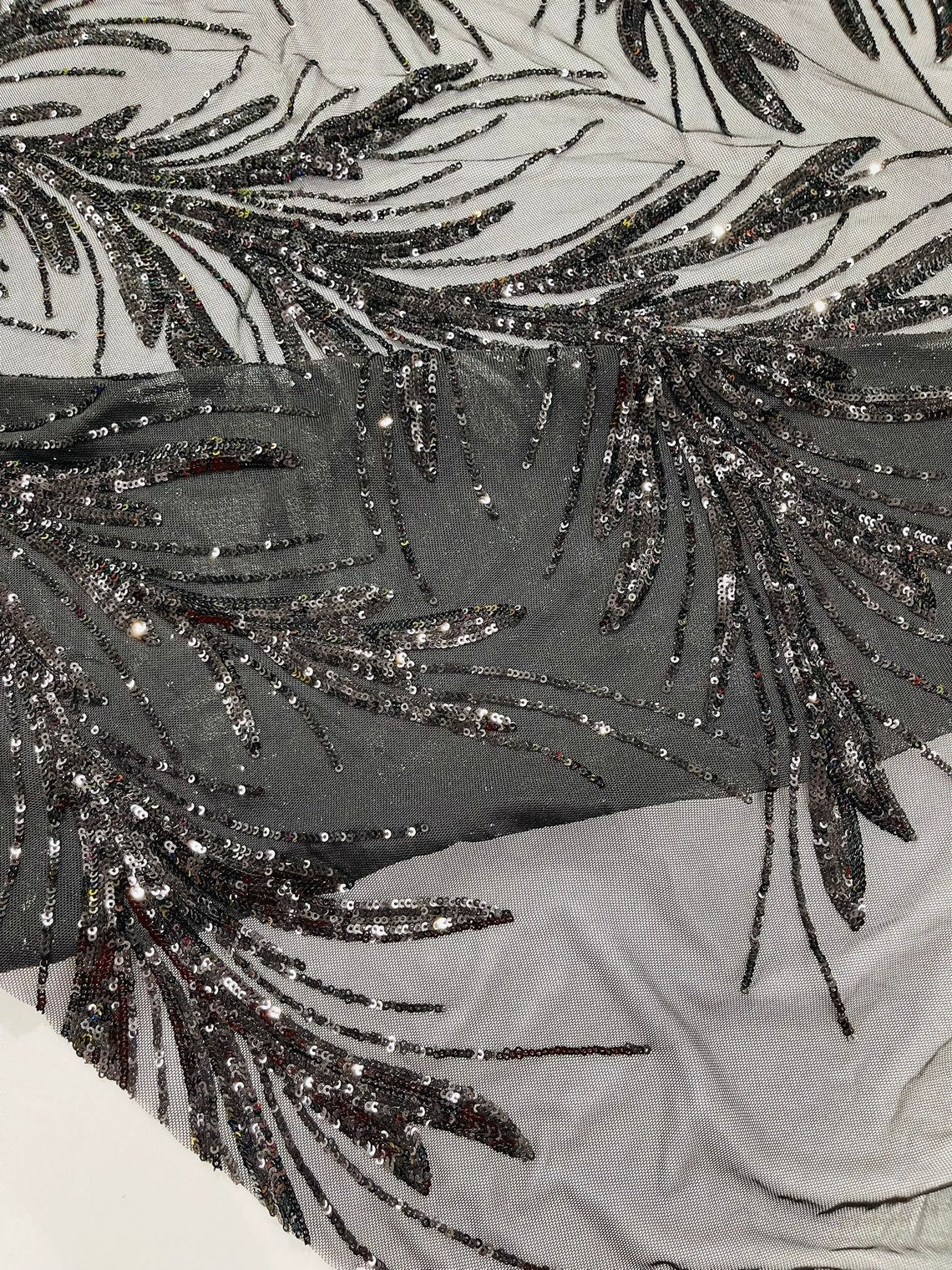 BLACK - Fashion Branch Design with Sequins Embroider on a 4 Way Stretch Mesh Fabric-Sold by The Yard.