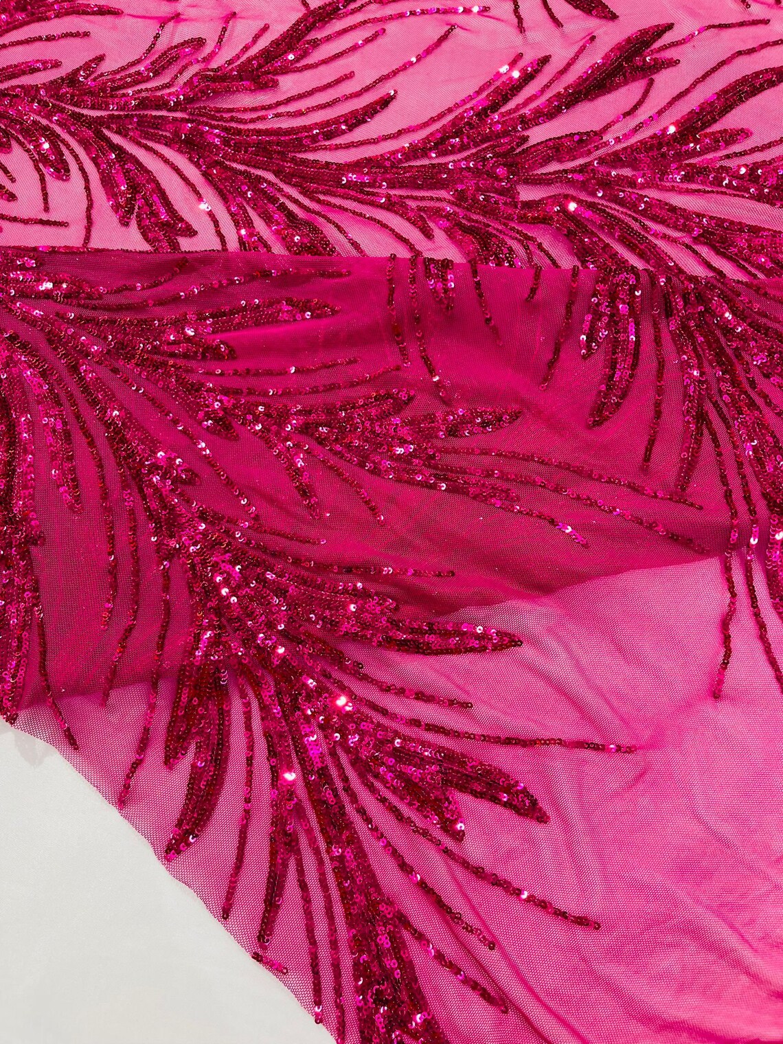 FUCHSIA - Fashion Branch Design with Sequins Embroider on a 4 Way Stretch Mesh Fabric-Sold by The Yard.