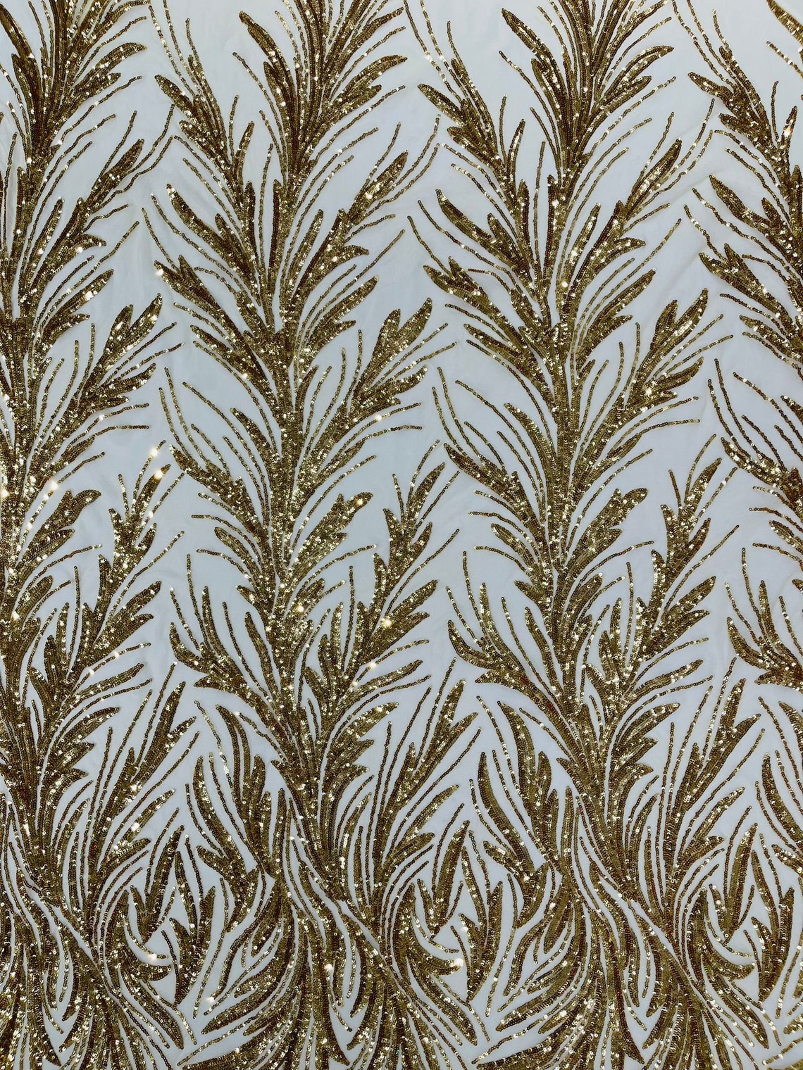 GOLD - Fashion Branch Design with Sequins Embroider on a 4 Way Stretch Mesh Fabric-Sold by The Yard.