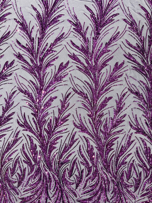 DK PURPLE - Fashion Branch Design with Sequins Embroider on a 4 Way Stretch Mesh Fabric-Sold by The Yard.