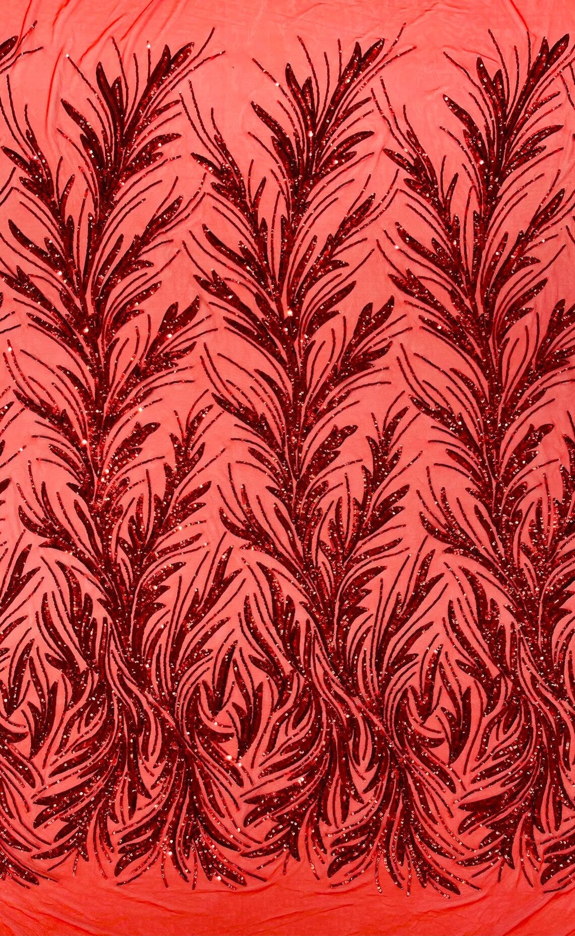 RED - Fashion Branch Design with Sequins Embroider on a 4 Way Stretch Mesh Fabric-Sold by The Yard.