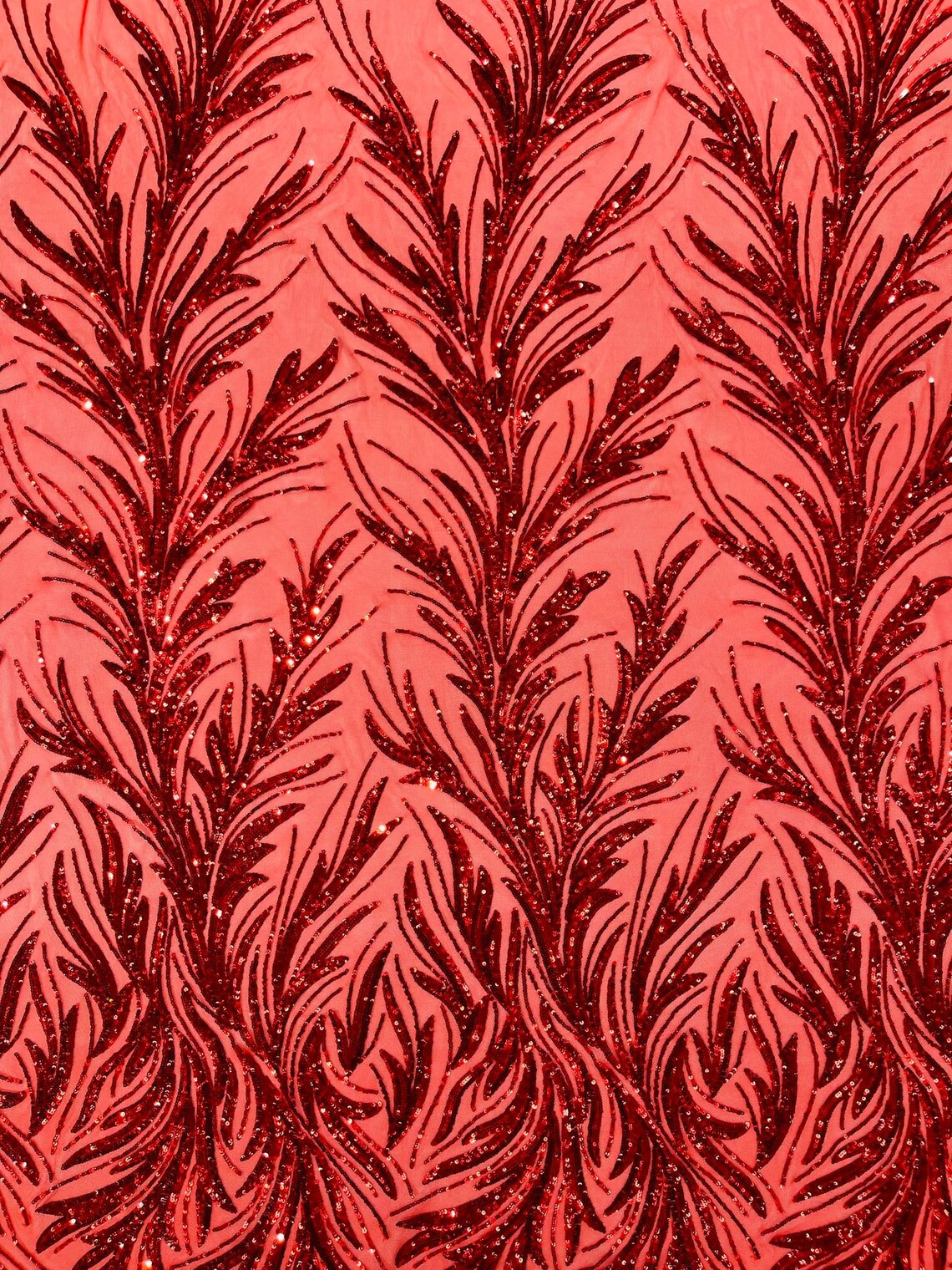 RED - Fashion Branch Design with Sequins Embroider on a 4 Way Stretch Mesh Fabric-Sold by The Yard.