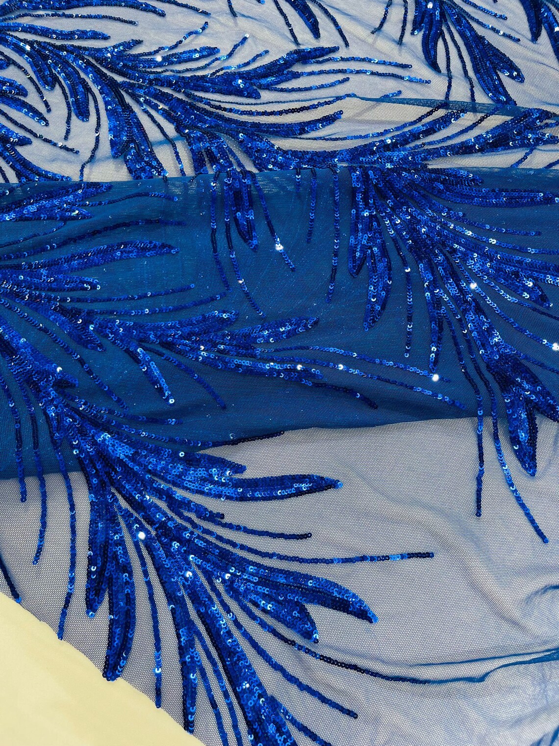 ROYAL BLUE - Fashion Branch Design with Sequins Embroider on a 4 Way Stretch Mesh Fabric-Sold by The Yard.