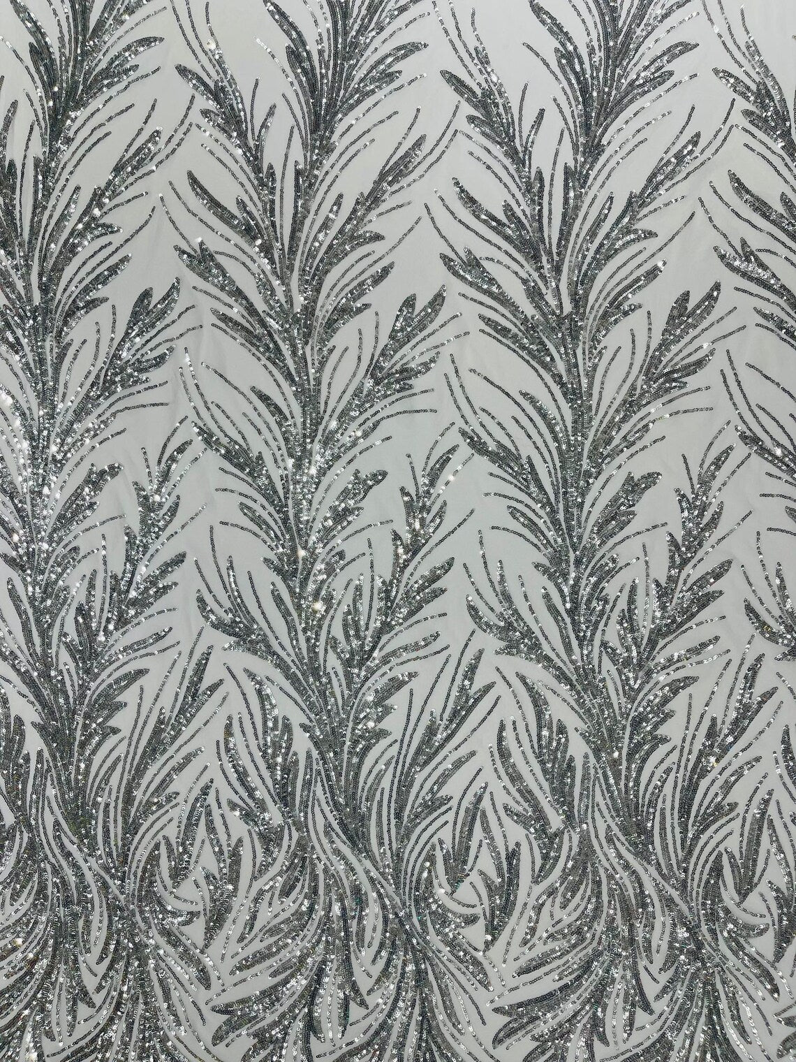 SILVER - Fashion Branch Design with Sequins Embroider on a 4 Way Stretch Mesh Fabric-Sold by The Yard.