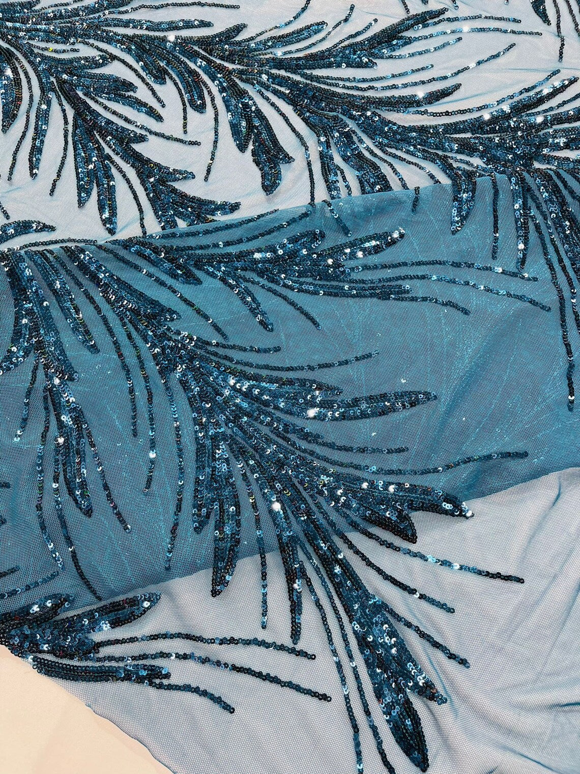 TEAL BLUE - Fashion Branch Design with Sequins Embroider on a 4 Way Stretch Mesh Fabric-Sold by The Yard.