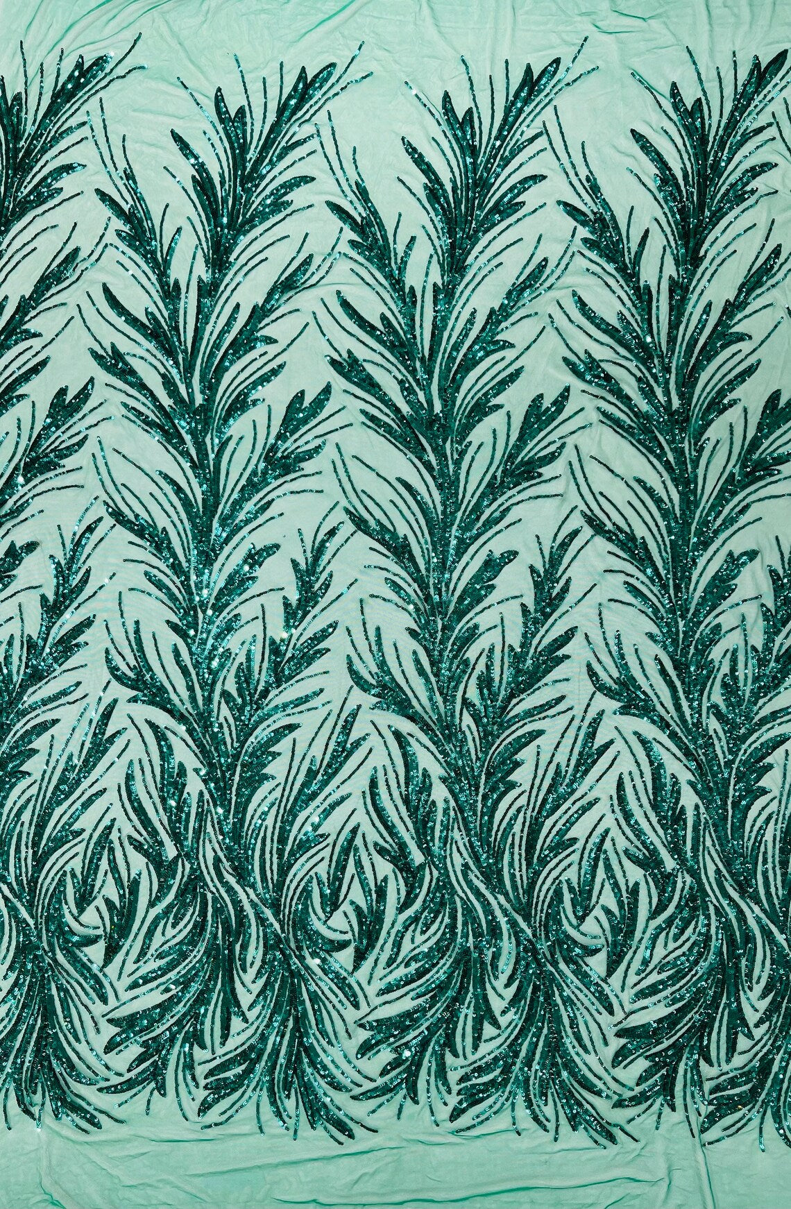 EMERALD GREEN - Fashion Branch Design with Sequins Embroider on a 4 Way Stretch Mesh Fabric-Sold by The Yard.