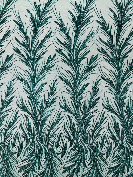 EMERALD GREEN - Fashion Branch Design with Sequins Embroider on a 4 Way Stretch Mesh Fabric-Sold by The Yard.