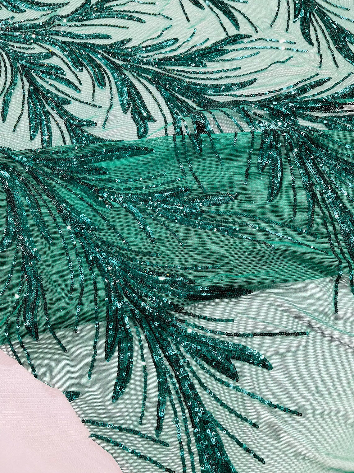 EMERALD GREEN - Fashion Branch Design with Sequins Embroider on a 4 Way Stretch Mesh Fabric-Sold by The Yard.