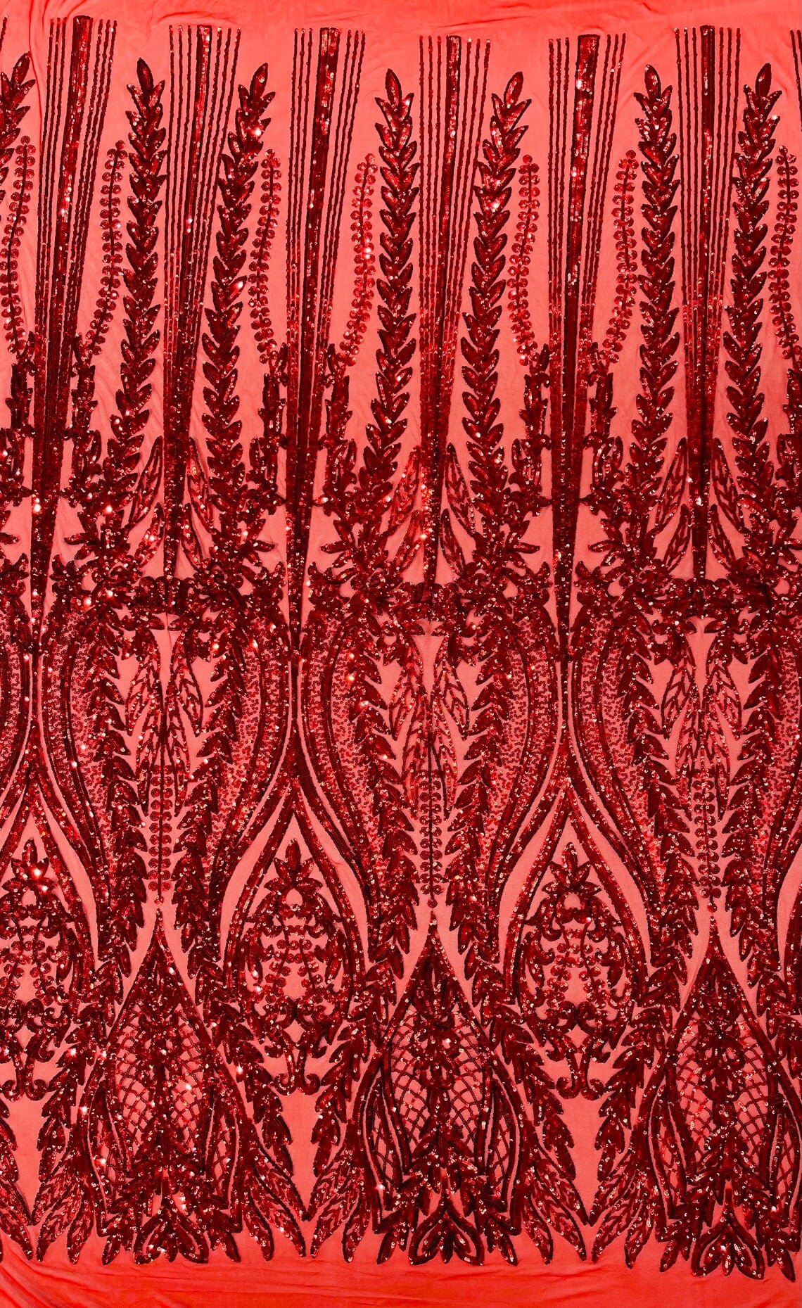 RED - Top Fashion Branch Design with Sequins Embroider on a 4 Way Stretch Mesh Fabric-Sold by The Yard.