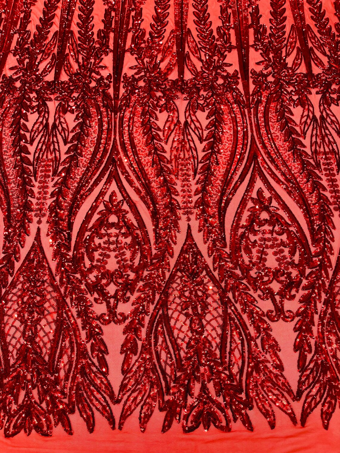 RED - Top Fashion Branch Design with Sequins Embroider on a 4 Way Stretch Mesh Fabric-Sold by The Yard.