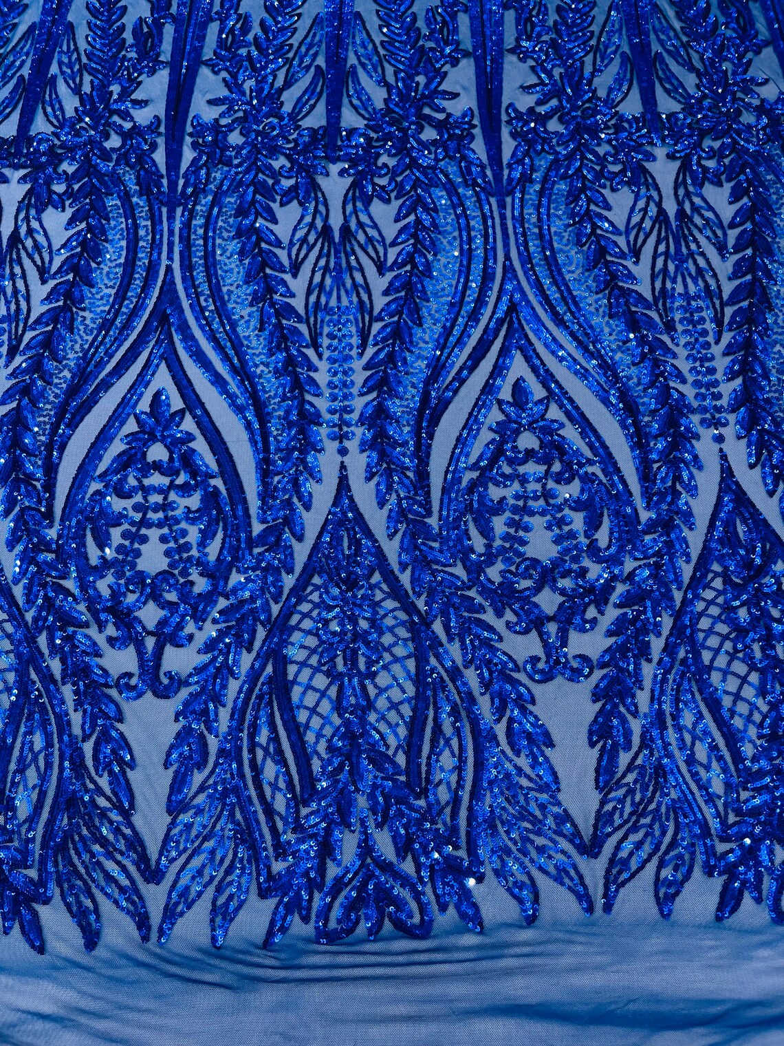 ROYAL BLUE - Top Fashion Branch Design with Sequins Embroider on a 4 Way Stretch Mesh Fabric-Sold by The Yard.