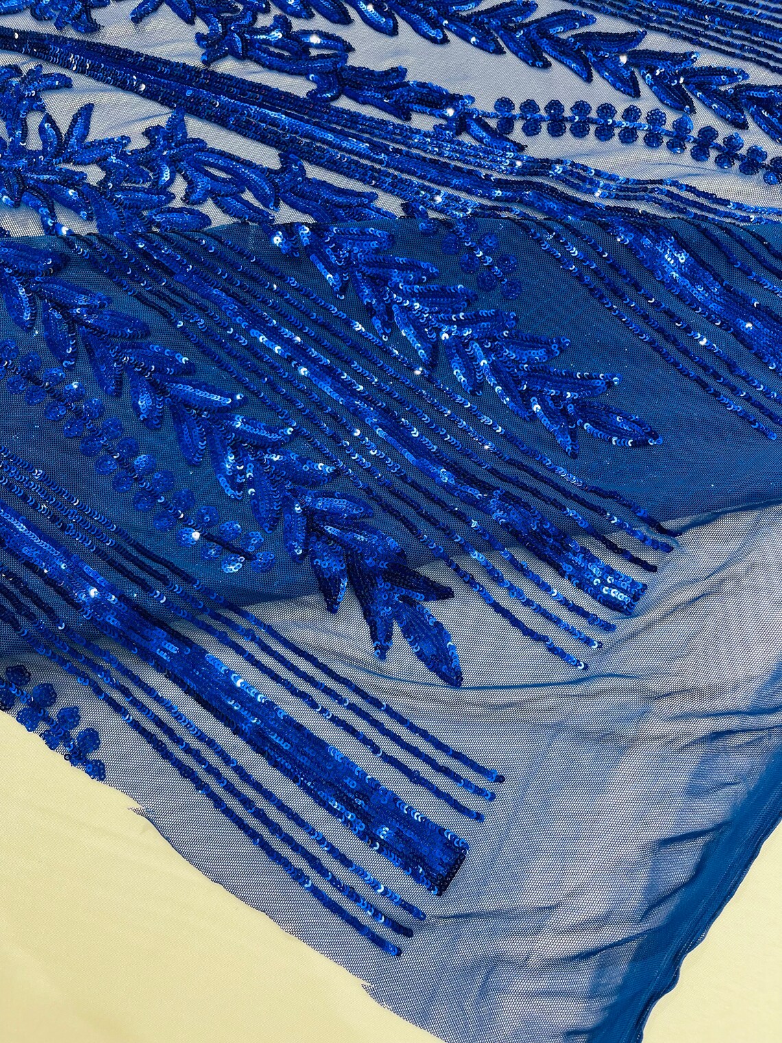 ROYAL BLUE - Top Fashion Branch Design with Sequins Embroider on a 4 Way Stretch Mesh Fabric-Sold by The Yard.