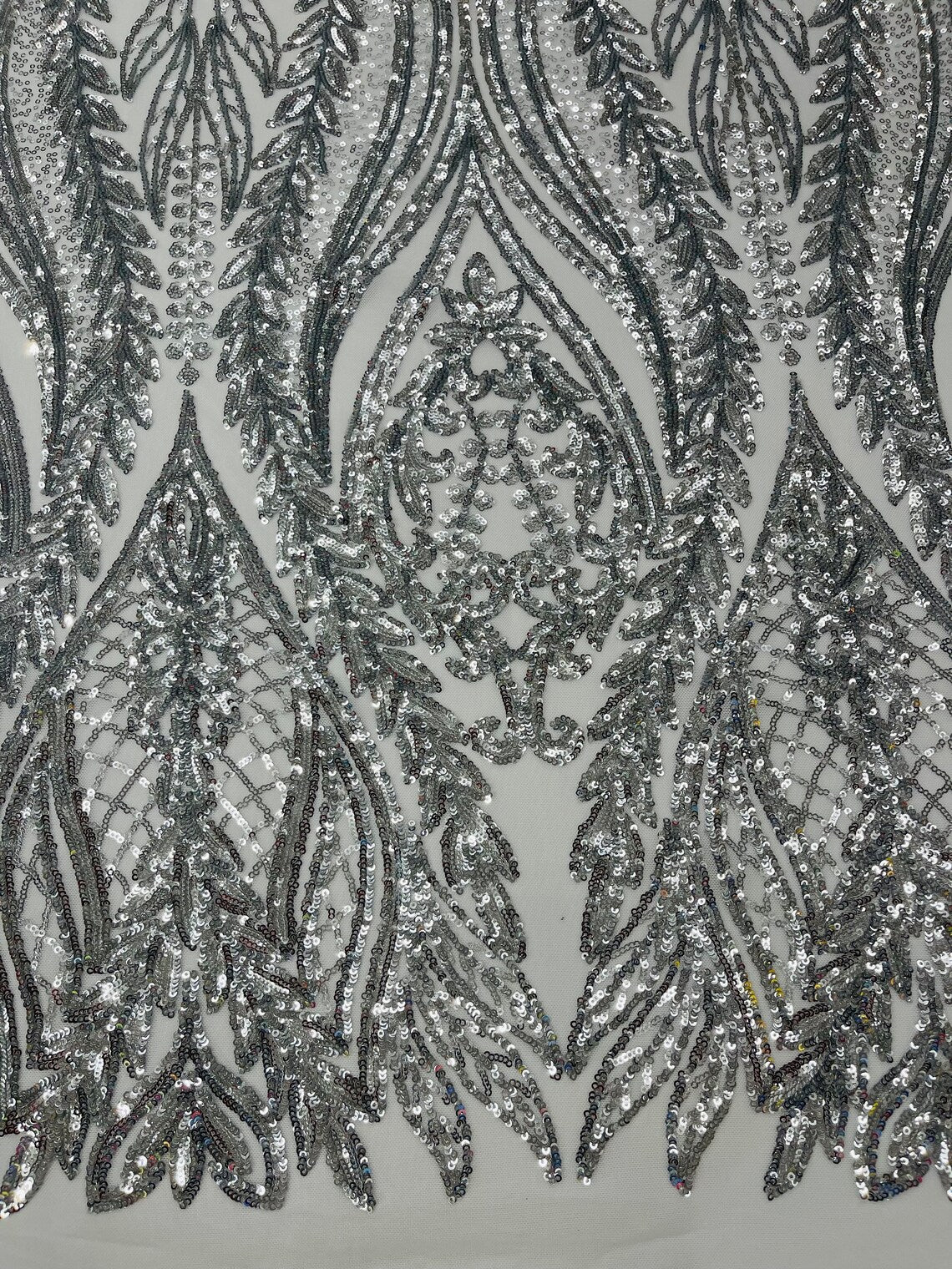 SILVER - Top Fashion Branch Design with Sequins Embroider on a 4 Way Stretch Mesh Fabric-Sold by The Yard.