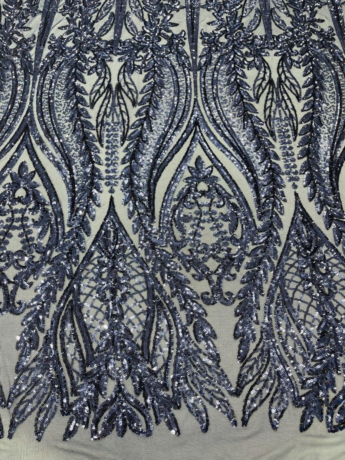 NAVY BLUE - Top Fashion Branch Design with Sequins Embroider on a 4 Way Stretch Mesh Fabric-Sold by The Yard.