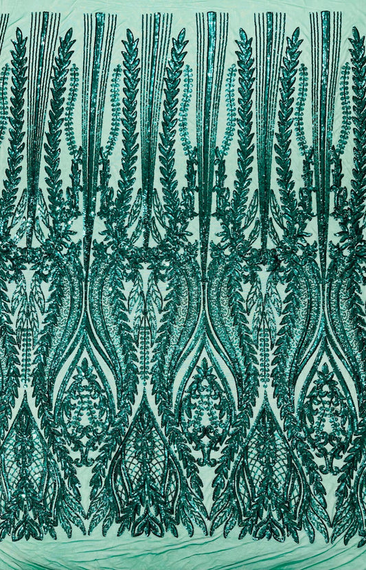 EMERALD GREEN - Top Fashion Branch Design with Sequins Embroider on a 4 Way Stretch Mesh Fabric-Sold by The Yard.