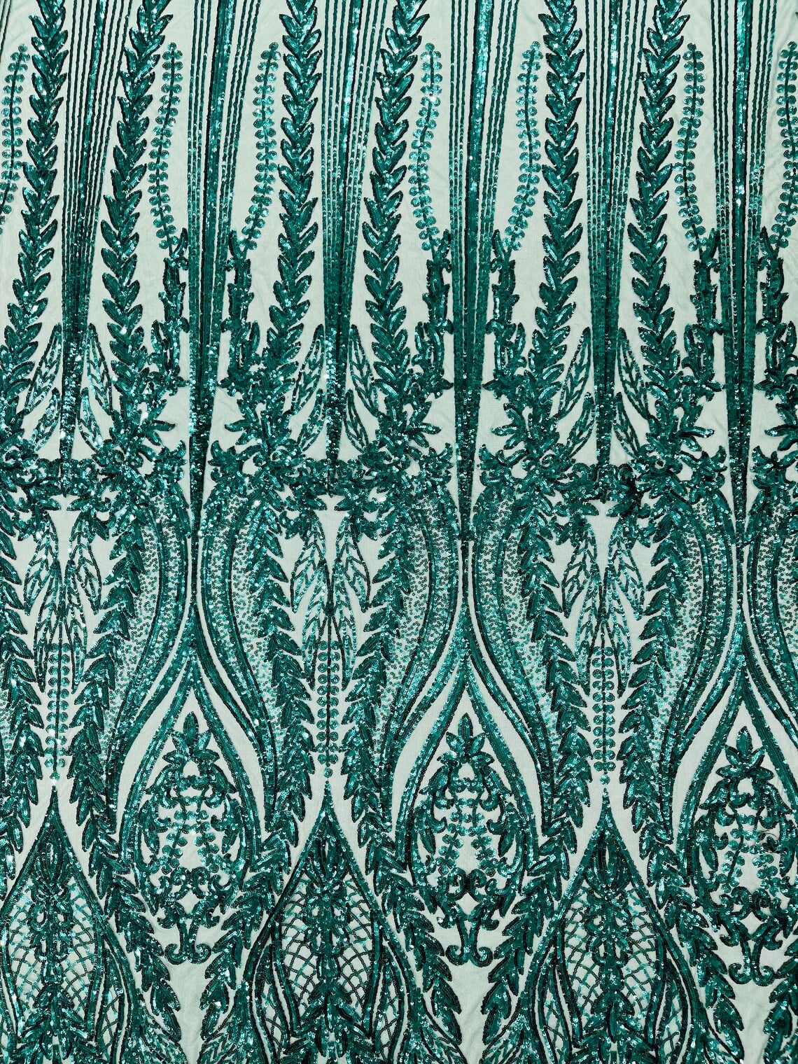 EMERALD GREEN - Top Fashion Branch Design with Sequins Embroider on a 4 Way Stretch Mesh Fabric-Sold by The Yard.