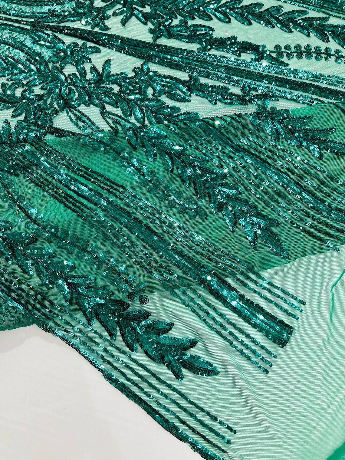 EMERALD GREEN - Top Fashion Branch Design with Sequins Embroider on a 4 Way Stretch Mesh Fabric-Sold by The Yard.