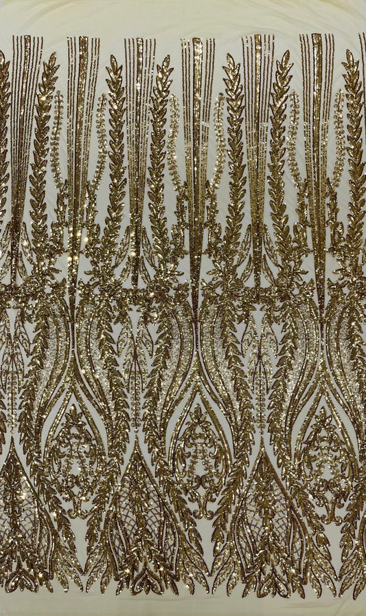 GOLD - Top Fashion Branch Design with Sequins Embroider on a 4 Way Stretch Mesh Fabric-Sold by The Yard.