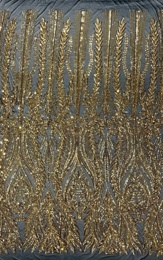 GOLD/BLACK - Top Fashion Branch Design with Sequins Embroider on a 4 Way Stretch Mesh Fabric-Sold by The Yard.