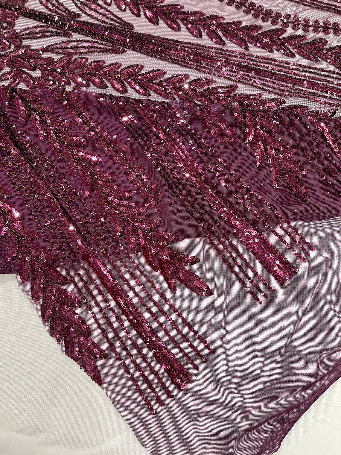 EGGPLANT - Top Fashion Branch Design with Sequins Embroider on a 4 Way Stretch Mesh Fabric-Sold by The Yard.