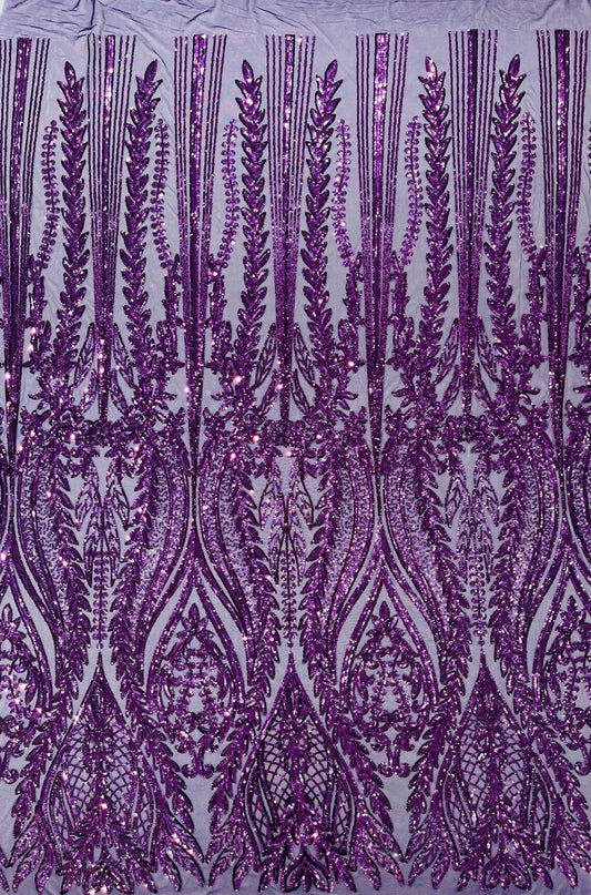 DK PURPLE - Top Fashion Branch Design with Sequins Embroider on a 4 Way Stretch Mesh Fabric-Sold by The Yard.