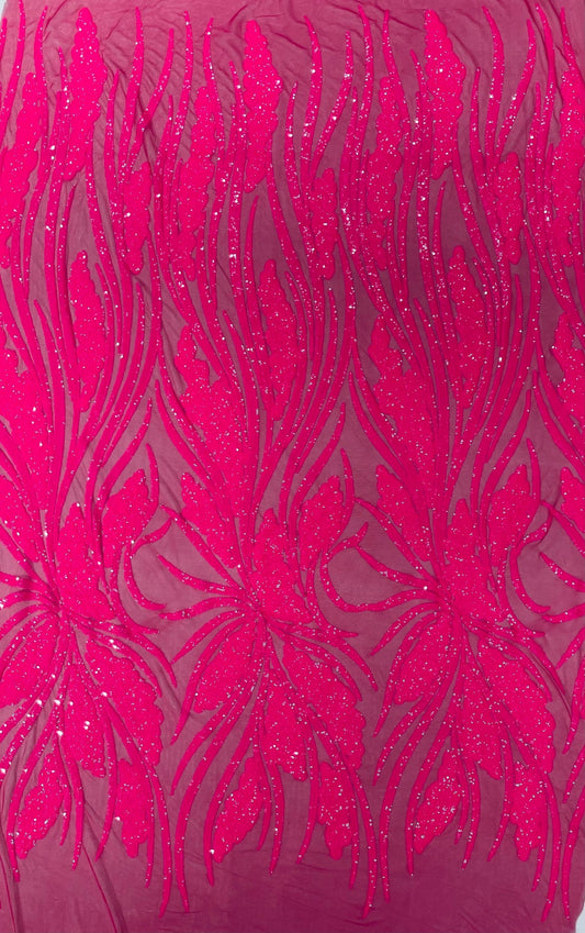 HOT PINK - Fashion Branch Design with Sequins Embroider on a 4 Way Stretch Mesh Fabric-Sold by The Yard.