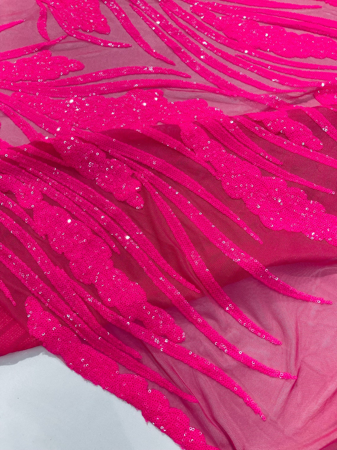 HOT PINK - Fashion Branch Design with Sequins Embroider on a 4 Way Stretch Mesh Fabric-Sold by The Yard.