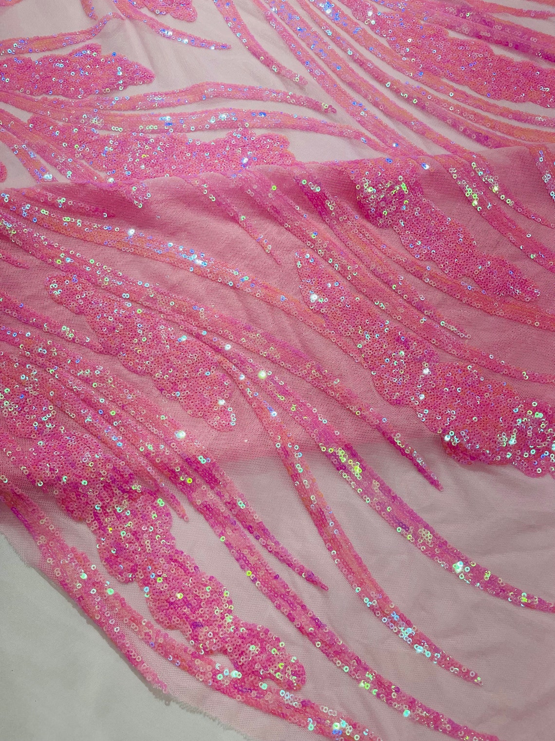 CANDY PINK - Fashion Branch Design with Sequins Embroider on a 4 Way Stretch Mesh Fabric-Sold by The Yard.