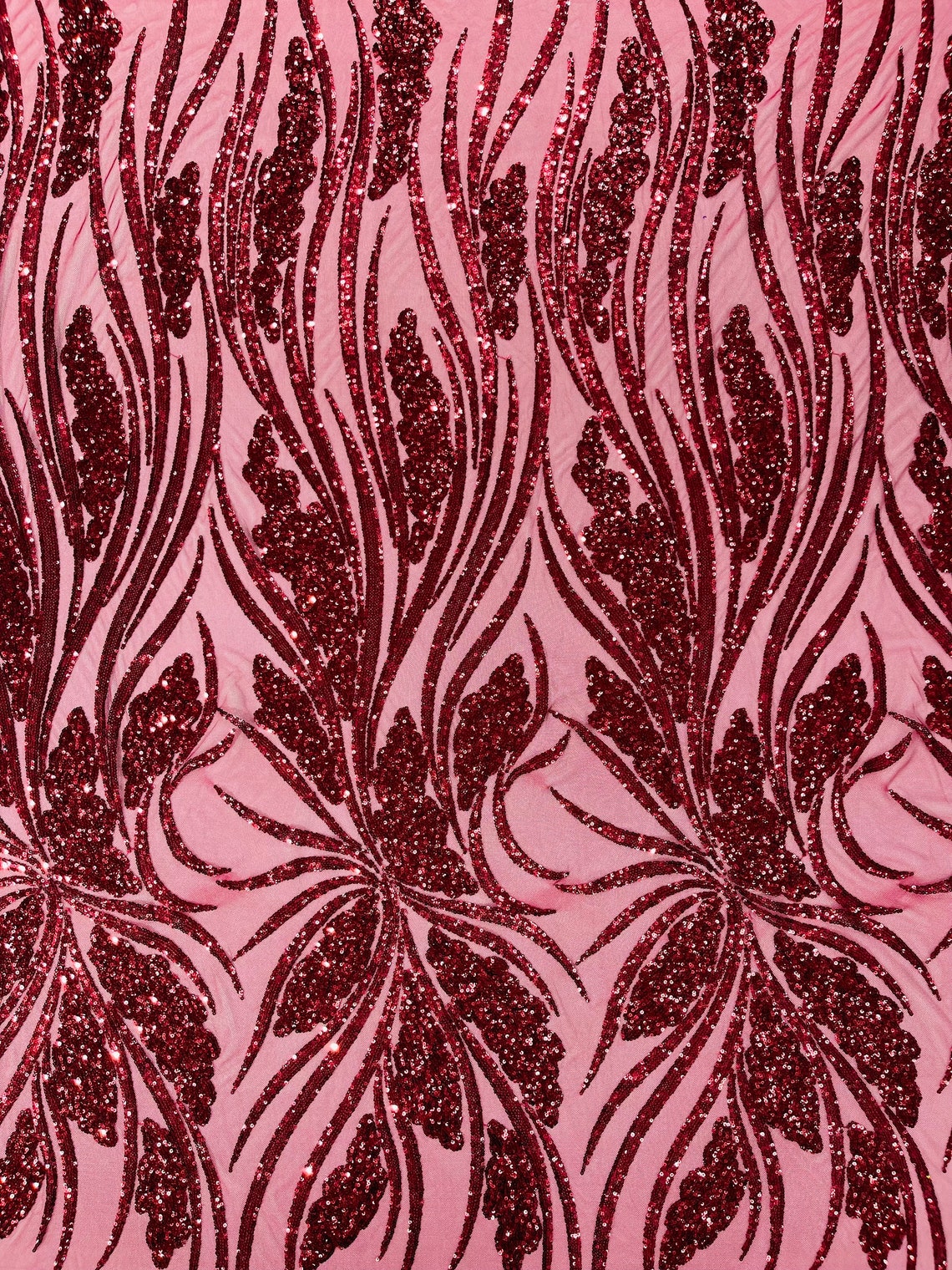 BURGUNDY - Fashion Branch Design with Sequins Embroider on a 4 Way Stretch Mesh Fabric-Sold by The Yard.