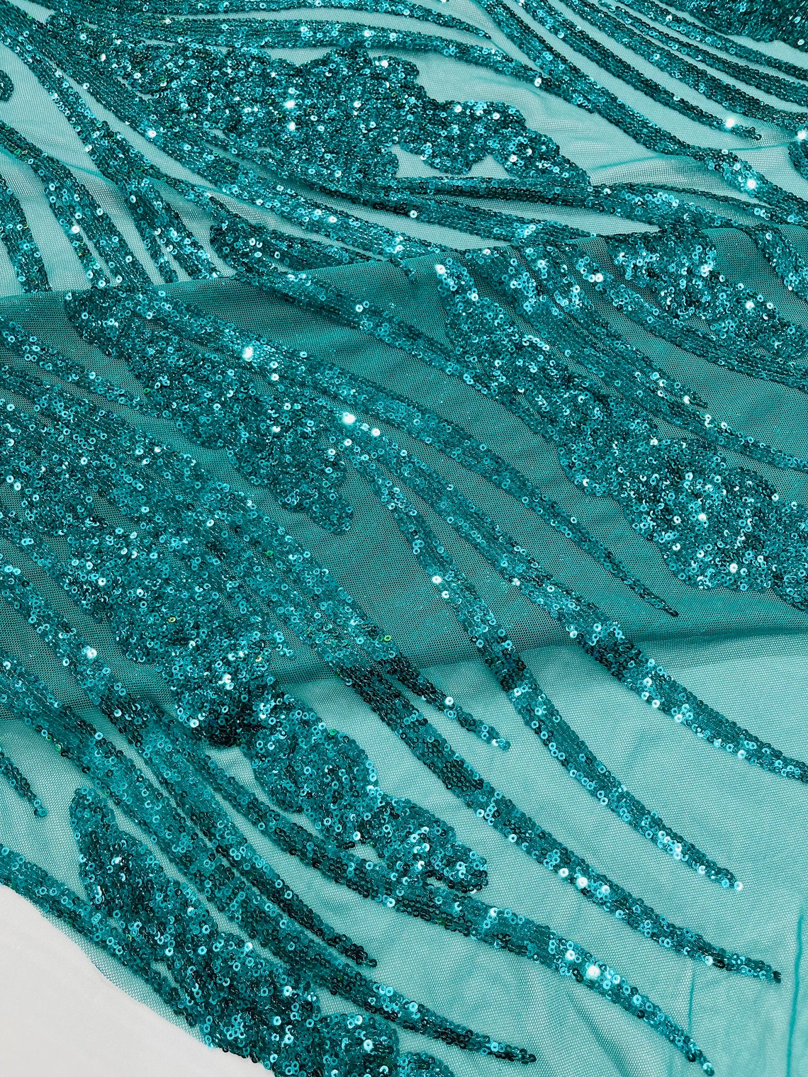 TEAL GREEN - Fashion Branch Design with Sequins Embroider on a 4 Way Stretch Mesh Fabric-Sold by The Yard.