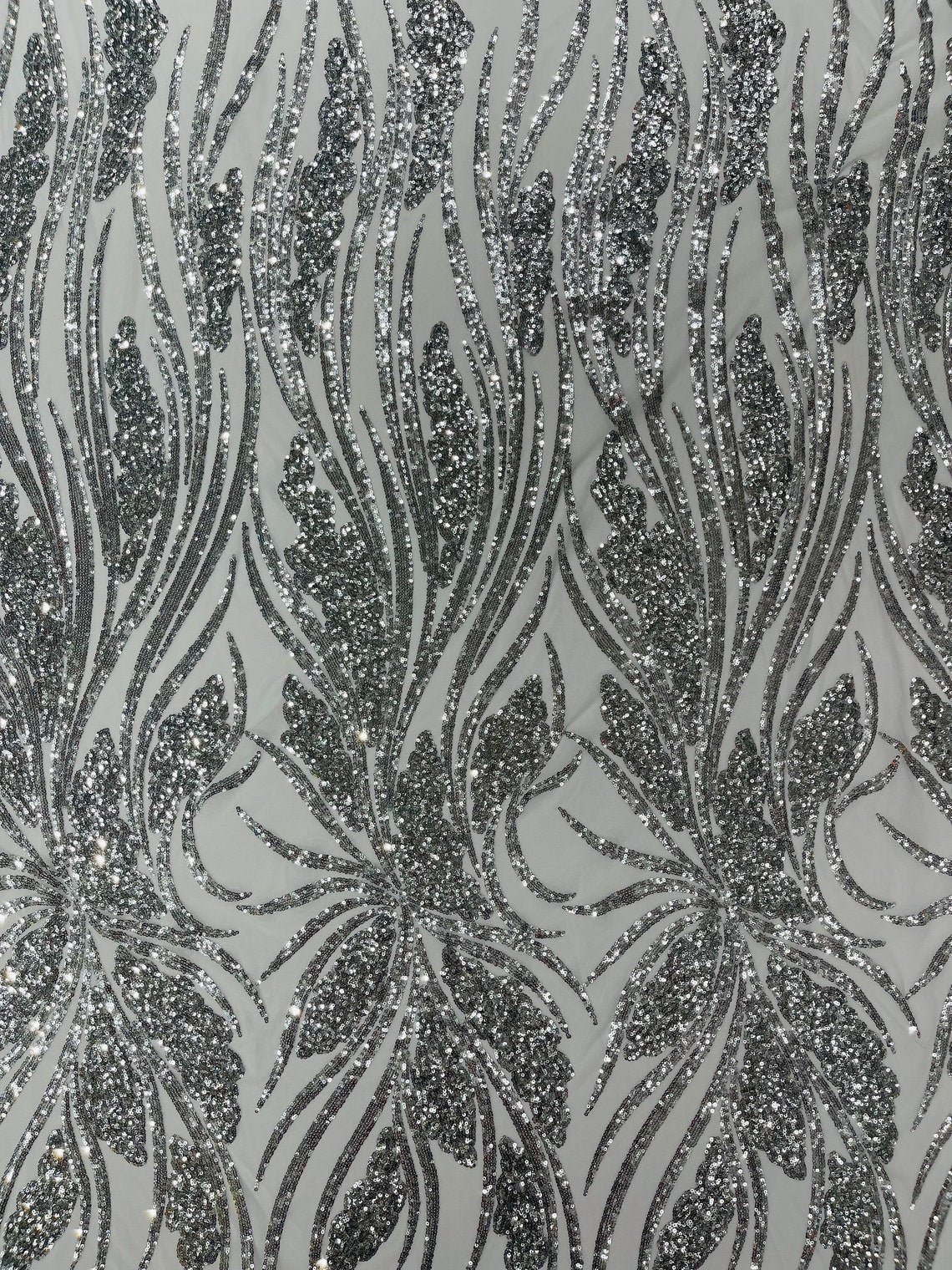 SILVER - Fashion Branch Design with Sequins Embroider on a 4 Way Stretch Mesh Fabric-Sold by The Yard.