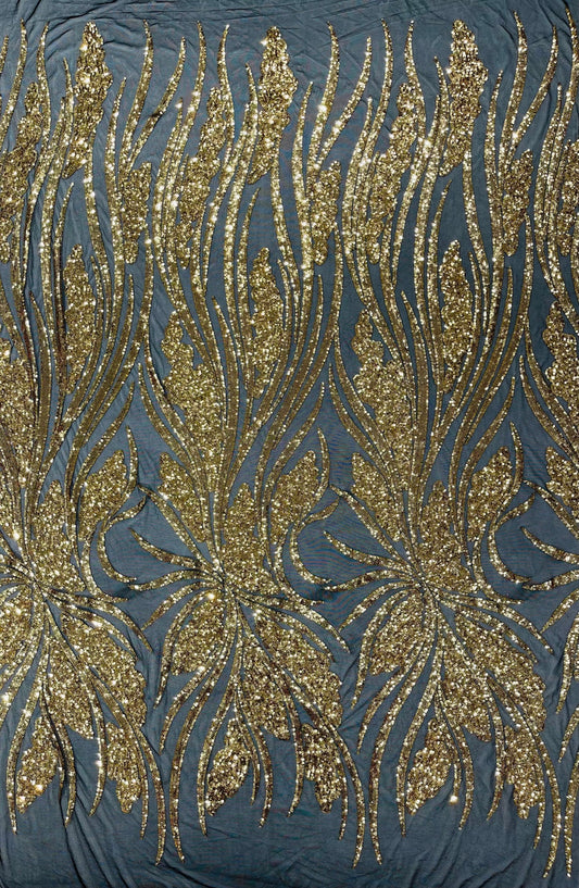 GOLD/BLACK - Fashion Branch Design with Sequins Embroider on a 4 Way Stretch Mesh Fabric-Sold by The Yard.