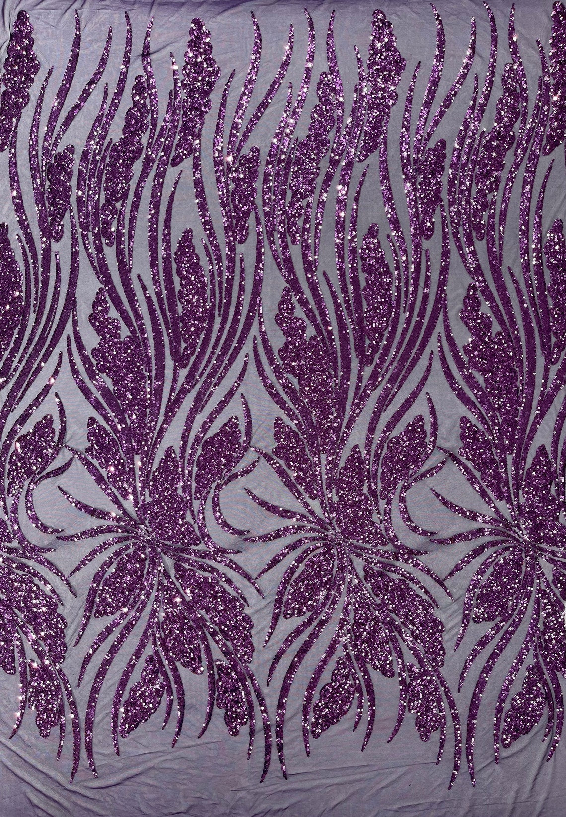 DK PURPLE - Fashion Branch Design with Sequins Embroider on a 4 Way Stretch Mesh Fabric-Sold by The Yard.