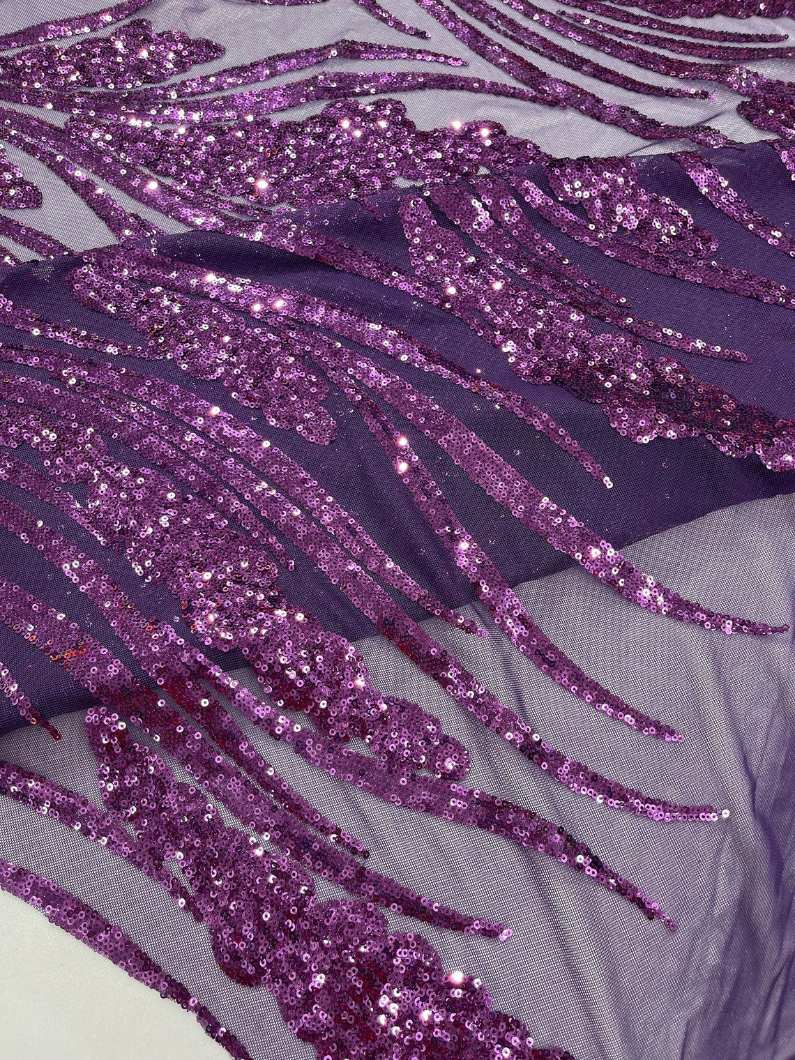 DK PURPLE - Fashion Branch Design with Sequins Embroider on a 4 Way Stretch Mesh Fabric-Sold by The Yard.