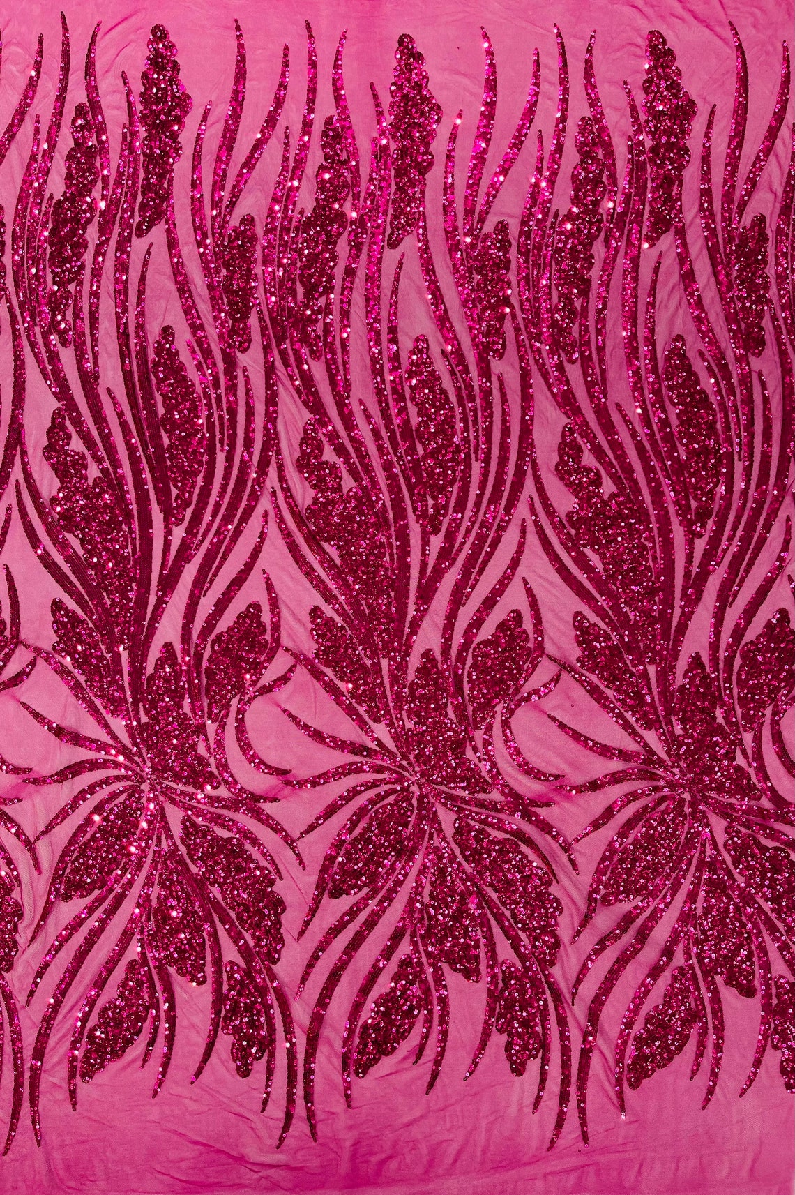 FUCHSIA - Fashion Branch Design with Sequins Embroider on a 4 Way Stretch Mesh Fabric-Sold by The Yard.