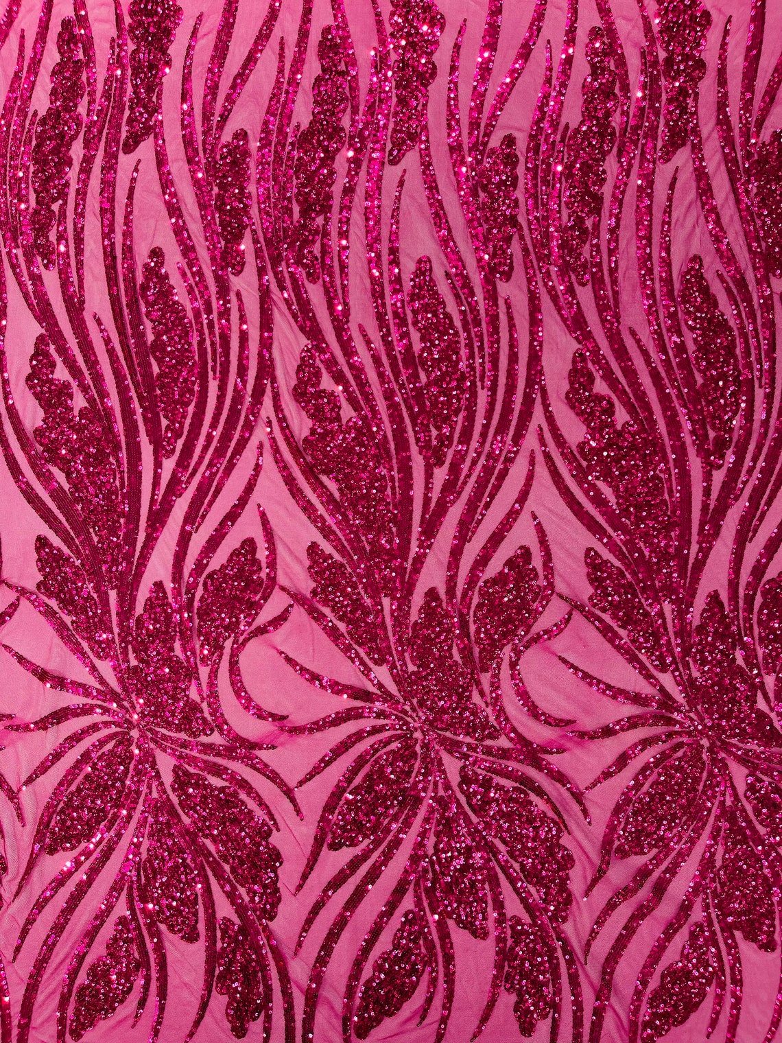 FUCHSIA - Fashion Branch Design with Sequins Embroider on a 4 Way Stretch Mesh Fabric-Sold by The Yard.